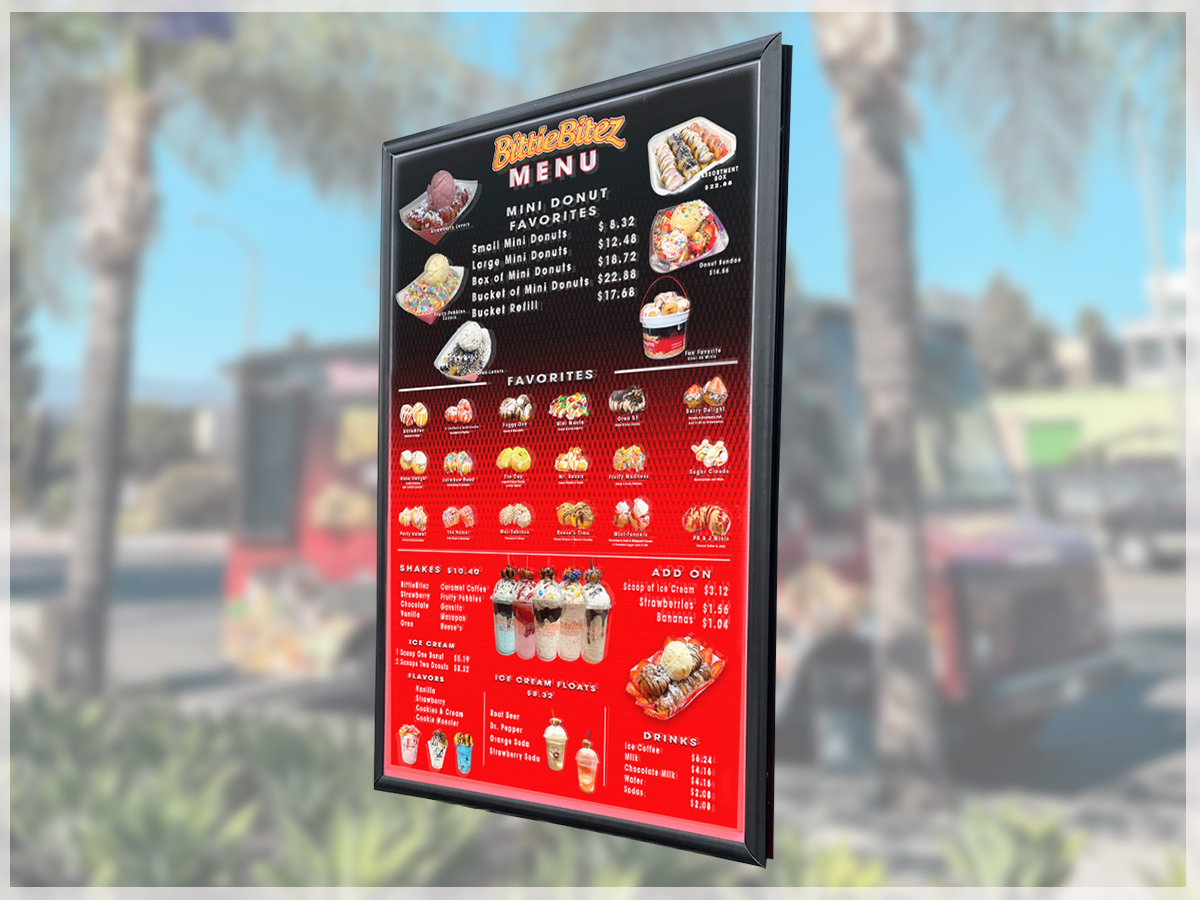 Custom outdoor food truck menu board designed and printed by A&R Graphic Design 
