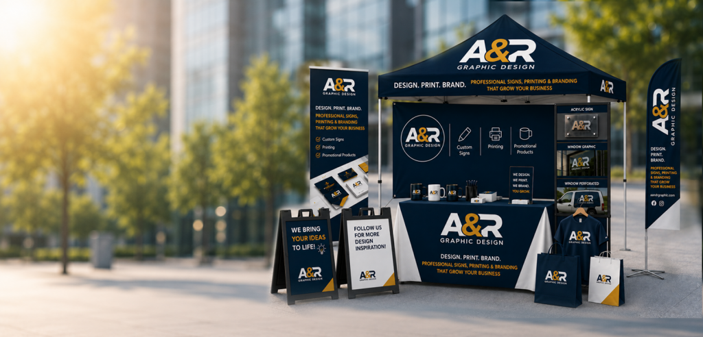 A&R Graphic Design display featuring professional signs, printing, branding solutions, promotional products, and custom business marketing materials.