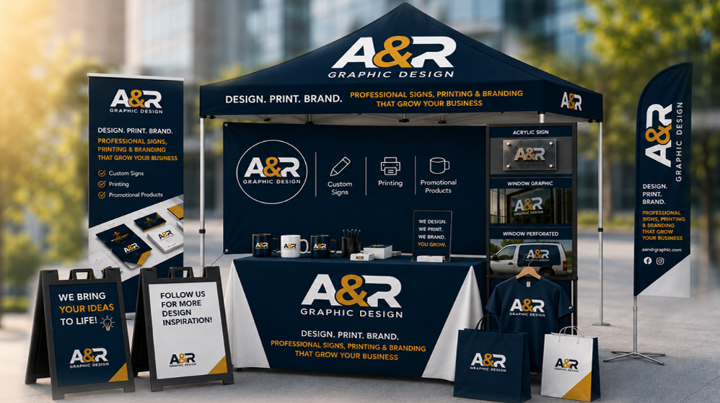 A&R Graphic Design display featuring professional signs, printing, branding solutions, promotional products, and custom business marketing materials.