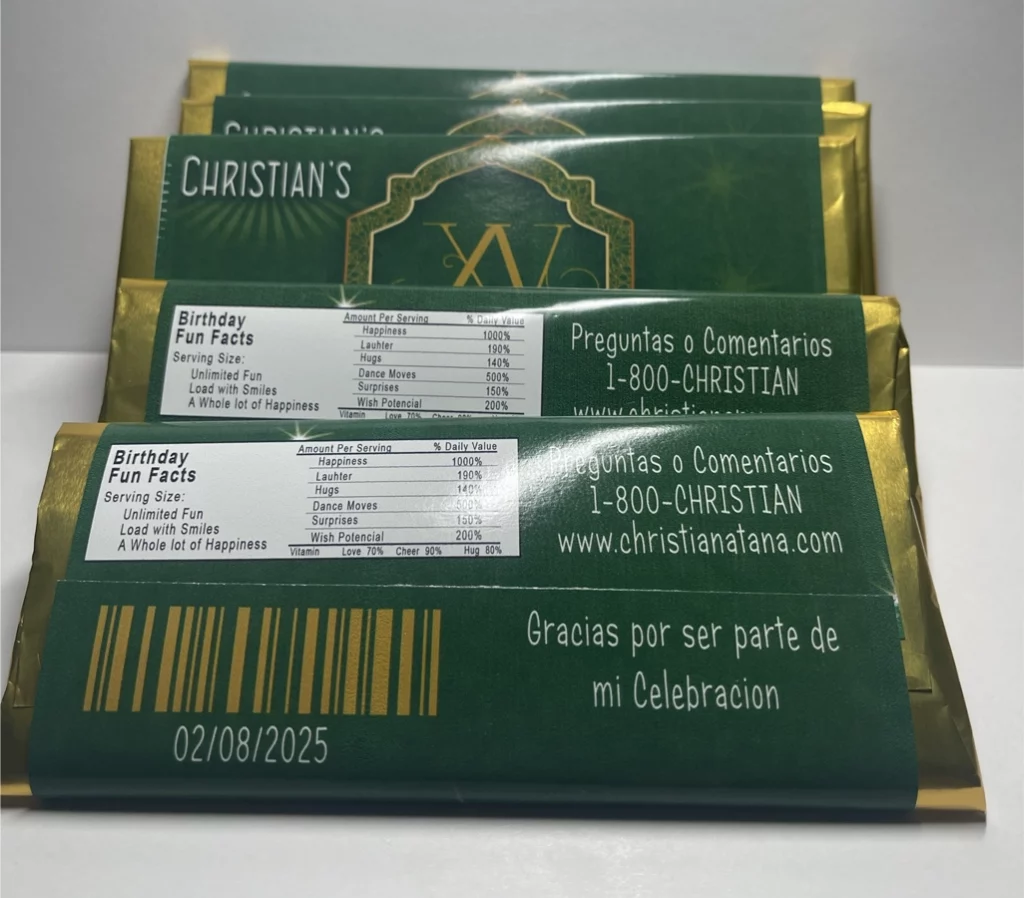 Custom birthday chocolate bar wrappers with green and gold personalized packaging