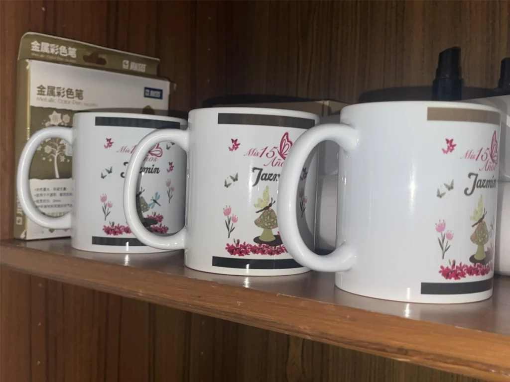 Custom printed white mugs with personalized designs